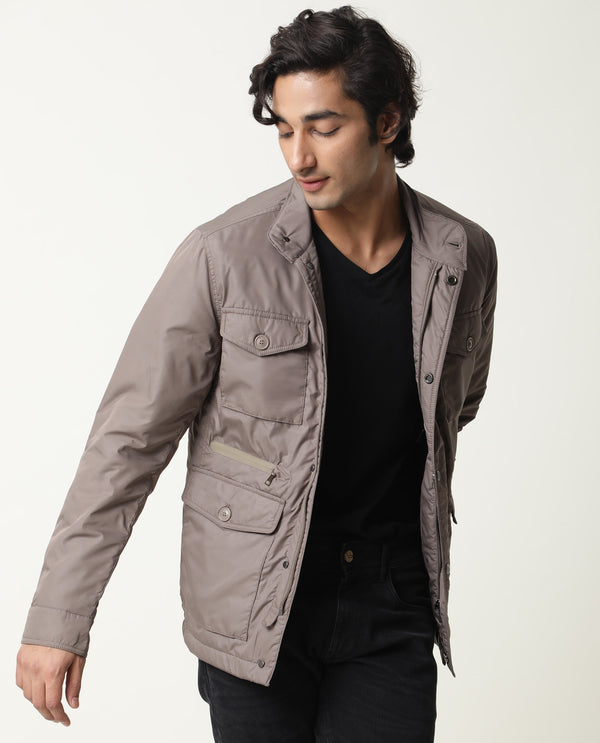 Rare Rabbit Mass Primary Beige Jacket Polyester Fabric Full Sleeve Mock Collar Slim Fit