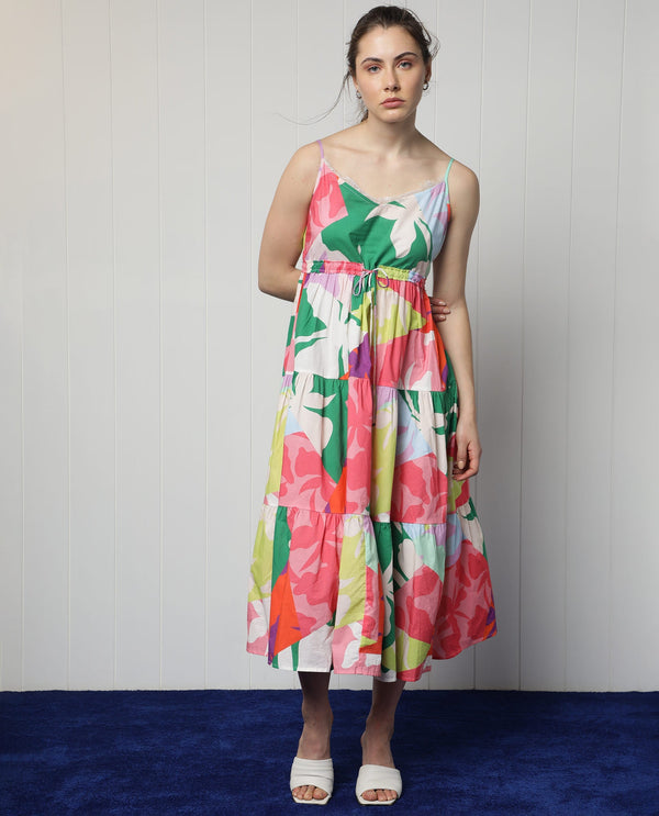 Rareism Women Grace Multi Cotton Fabric Sleeveless V-Neck Shoulder Straps Regular Fit Floral Print Knee Length Tiered Dress