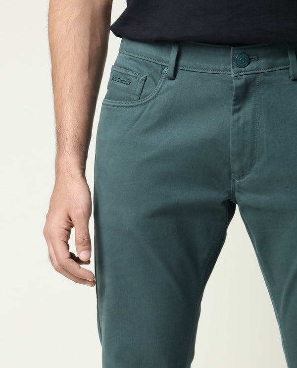 Rare Rabbit Men's Spoke-22 Green Solid Mid-Rise Regular Fit Stretch Trouser