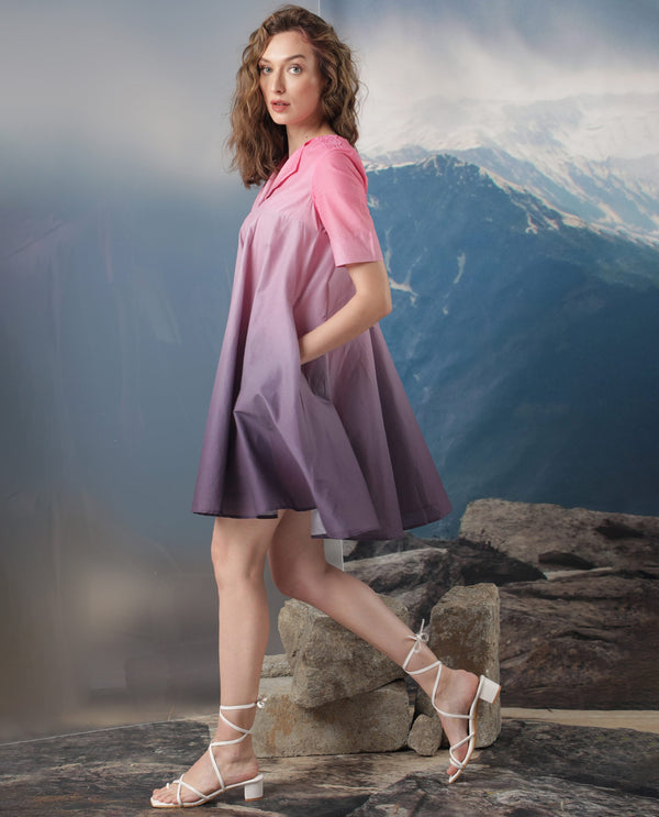 Rareism Women Celine Purple Cotton Fabric Short Sleeves Over Lap Flared Fit Ombre Knee Length Empire Dress