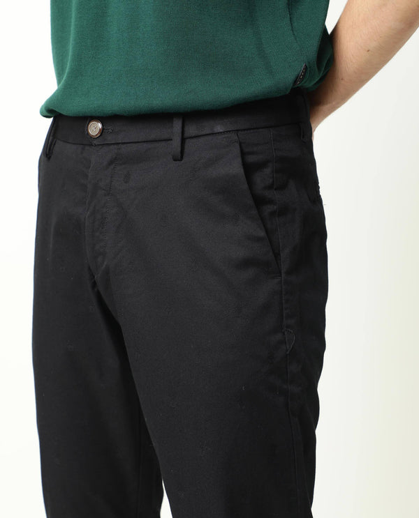 Rare Rabbit Men's Raptors Black Solid Mid-Rise Regular Fit Stretch Trouser