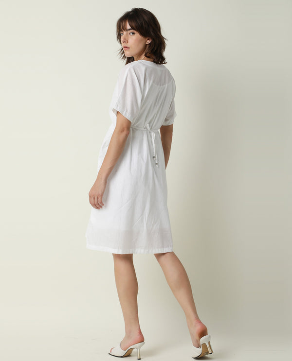 Rareism Women Shawn White V Neck Tie Up Half Sleeves Drawstring At Waist With Pockets Kaftan Knee Length Dress