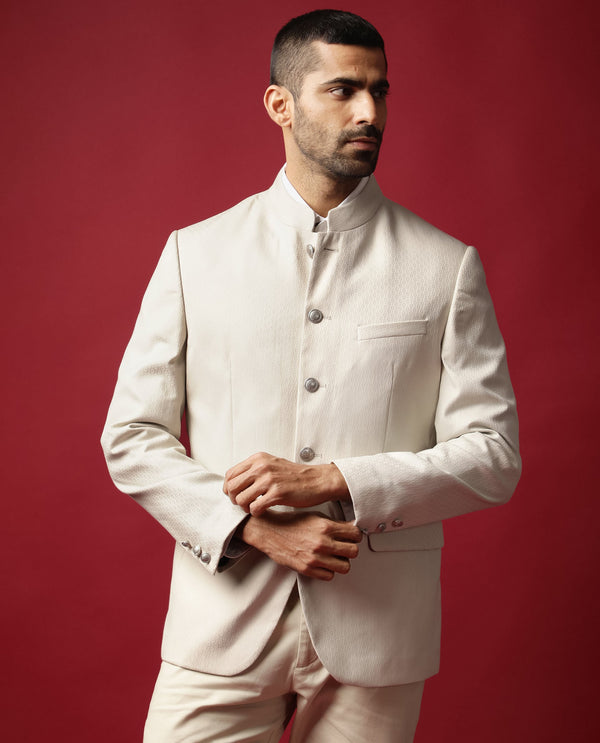 Rare Rabbit Men's Elsie Beige Mandarin Collar Tailored Fit Geometric Jacquard Bandhgala