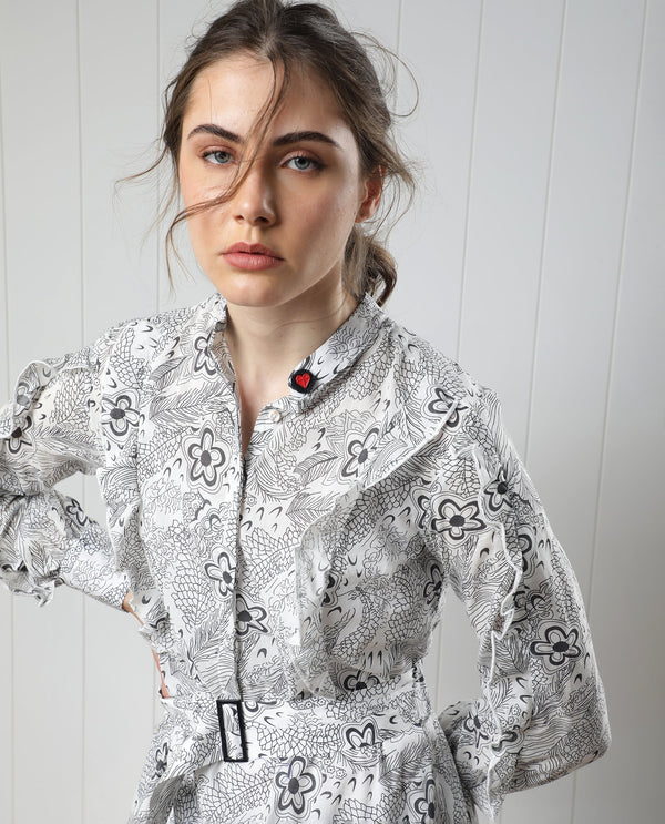 Rareism Women Roose White Cotton Fabric Full Sleeves Button Closure Mandarin Collar Regular Fit Floral Print Knee Length Flared Dress