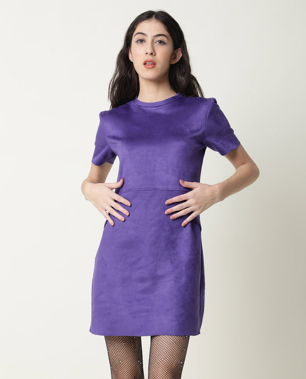 Rareism Women Sions Purple Round Neck Short Sleeves Mini Dress