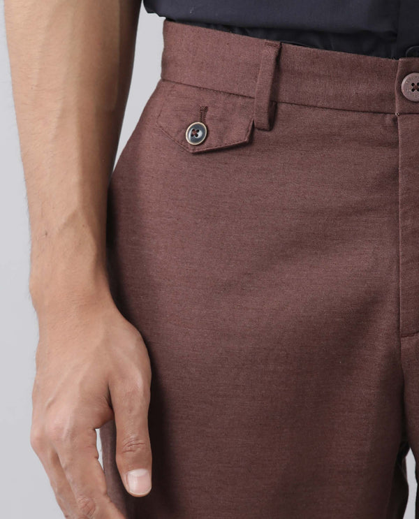 Rare Rabbit Men'S Cameo Maroon Solid Mid-Rise Regular Fit Trouser