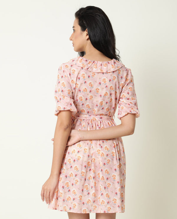 Rareism Women Verna Pink Floral Print V Neck With Ruffles Half Sleeves Fabric Waist Belt Mini Dress