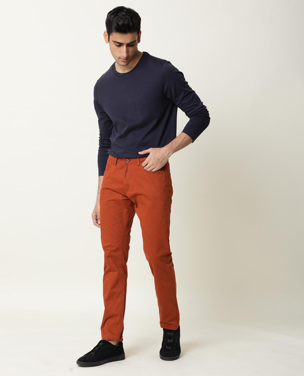 Rare Rabbit Men's Mark Dark Maroon Solid Mid-Rise Regular Fit Stretch Trouser