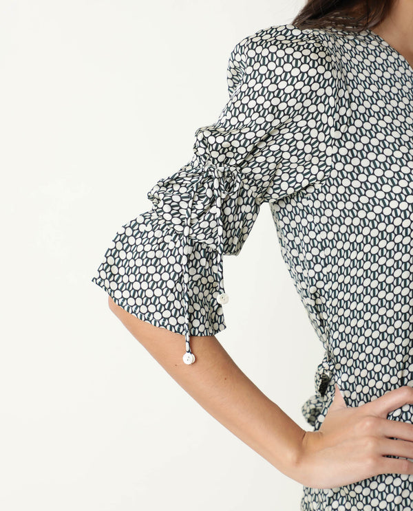 Rareism Women Cecilia Beige Geometric Print V Neck Short Sleeves With Drawstring Mini Dress