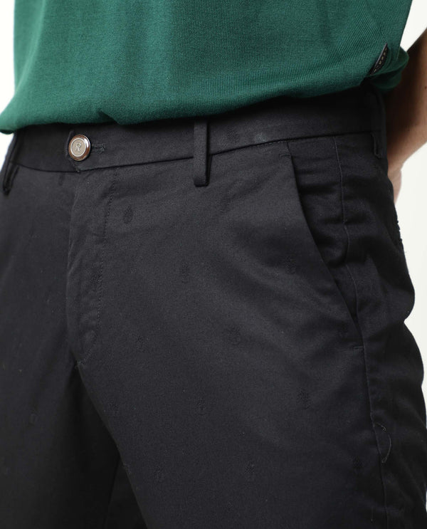 Rare Rabbit Men's Raptors Black Solid Mid-Rise Regular Fit Stretch Trouser
