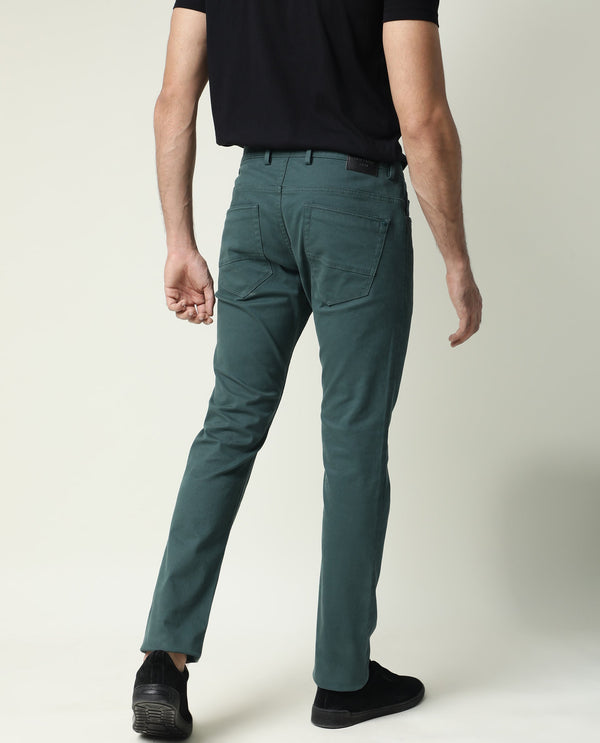 Rare Rabbit Men's Spoke-22 Green Solid Mid-Rise Regular Fit Stretch Trouser