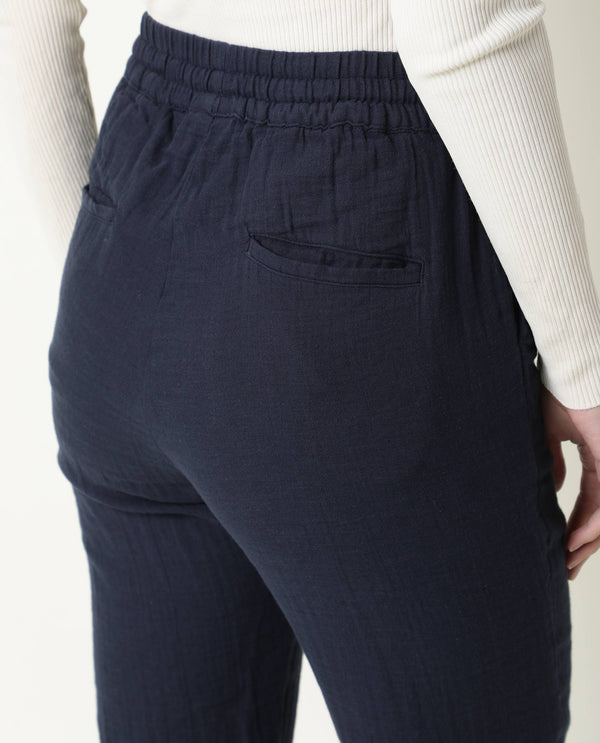 Rareism Women Elo Navy Cotton Fabric Regular Fit Mid Rise Solid Ankle Length Trousers