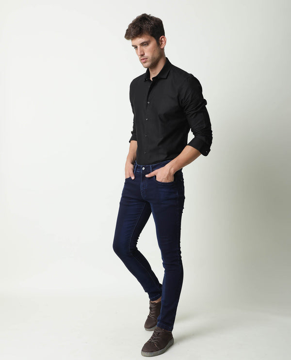 Rare Rabbit Men's Dobe Dark Blue Dark Wash Mid-Rise Slim Fit Jeans