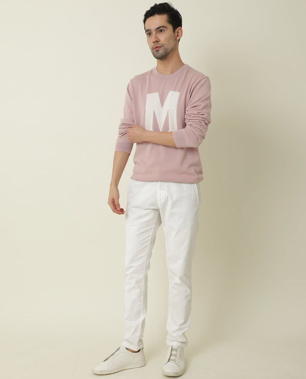 Rare Rabbit Avitt Primary Pink Pullover Cotton Fabric Full Sleeve Round Neck Slim Fit