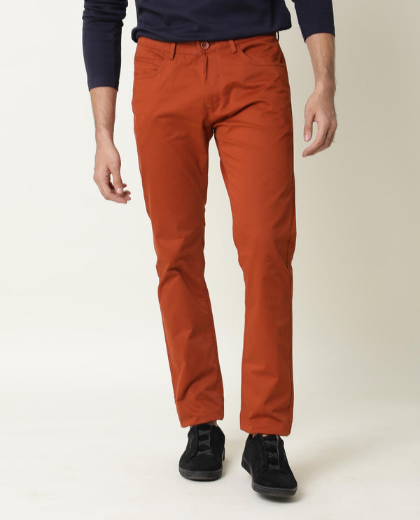 Rare Rabbit Men's Mark Dark Maroon Solid Mid-Rise Regular Fit Stretch Trouser