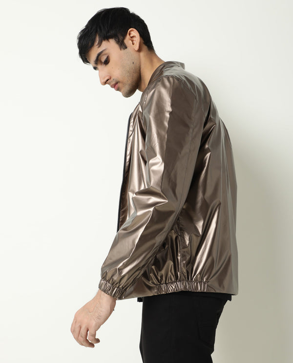 Rare Rabbit Men's Adam Gold Plain Metallic Band Collar Reversible Jacket