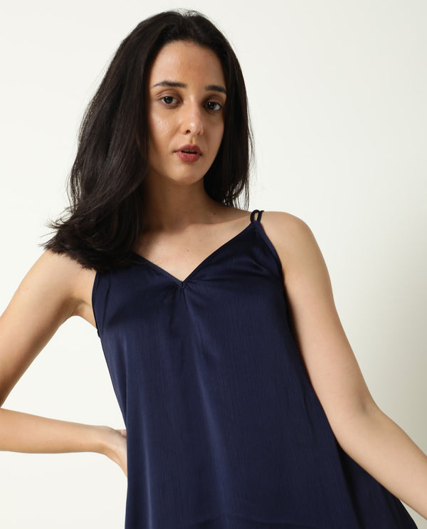 Rareism Women Tint Navy Neck Double Spaghetti Shoulder Straps Midi Dress