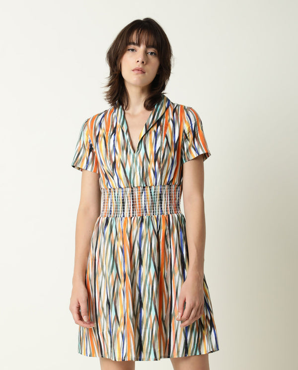 Rareism Women Shallom Multi Abstract V Neck Overlap Collar Short Sleeves Elastic Waist Band Mini Dress