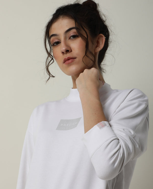 Rareism Women Hectare White Cotton Poly Fabric Relaxed Fit Full Sleeves Solid High Neck Sweatshirt