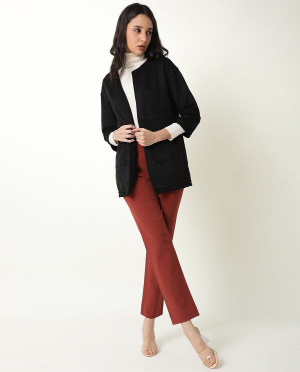 Rareism Women Square Black Polyester Fabric 3/4Th Sleeves Solid Boat Neck Jacket