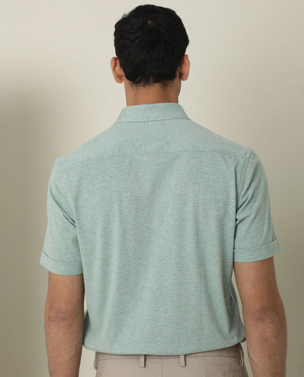 Rare Rabbit Men's Miraj Pastel Green Cotton Fabric Half Sleeves Knitted Shirt