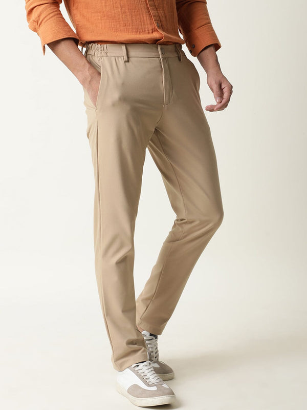 Rare Rabbit Men's Travel-1 Beige Solid Mid-Rise 4-Way Stretch Slim Fit Trouser