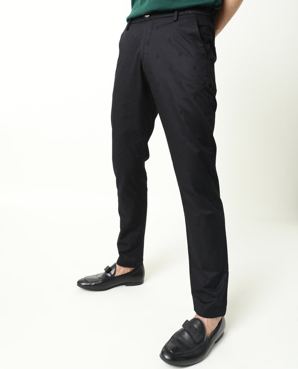 Rare Rabbit Men's Raptors Black Solid Mid-Rise Regular Fit Stretch Trouser