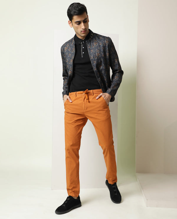 Rare Rabbit Men's Monter Orange Stripe Dobby Mid-Rise With Drawstring And Elastic Waistband Regular Fit Trouser
