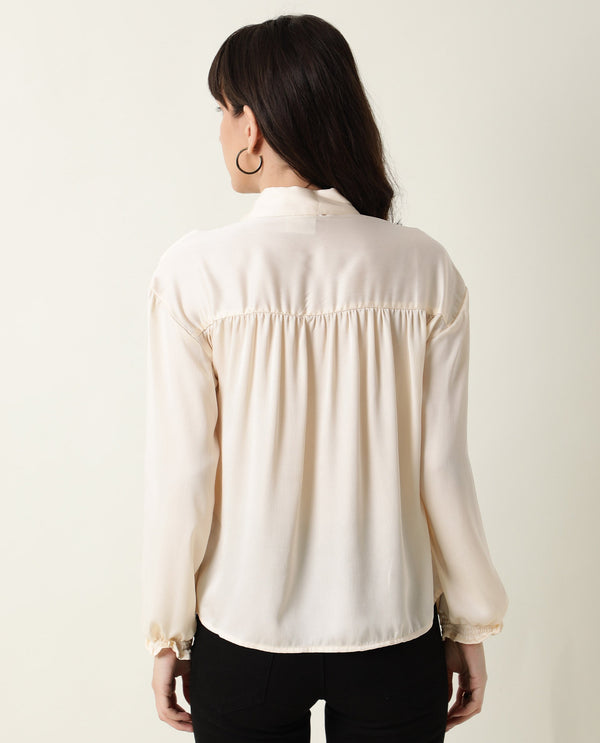 Rareism Women Paxo Off White Poly Cotton Fabric Regular Fit Tie-Up Neck Full Sleeves Solid Top