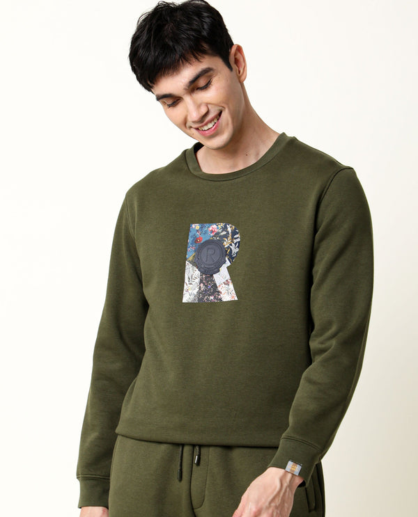Rare Rabbit Men's Astor Olive Cotton Polyester Fabric Full Sleeves Floral Graphic Print Sweatshirt