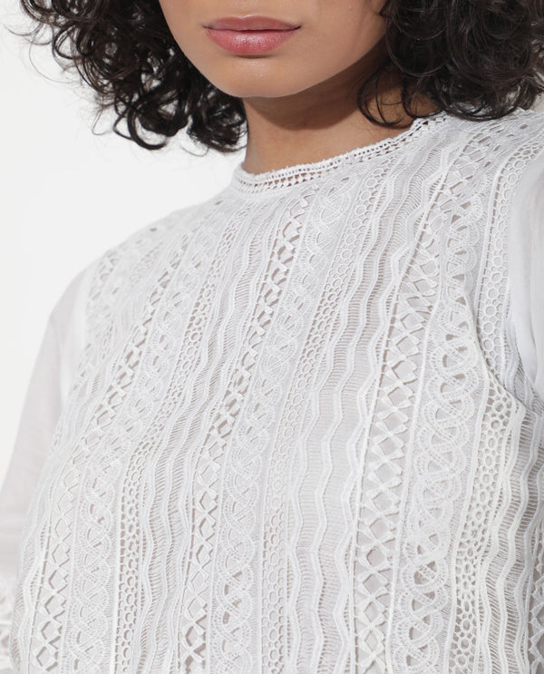Rareism Women Darmini White Cotton Fabric Full Sleeves Round Neck Puff Sleeve Relaxed Fit Plain Knee Length Empire Dress