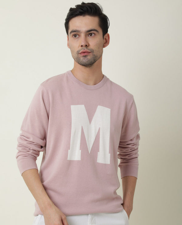 Rare Rabbit Avitt Primary Pink Pullover Cotton Fabric Full Sleeve Round Neck Slim Fit