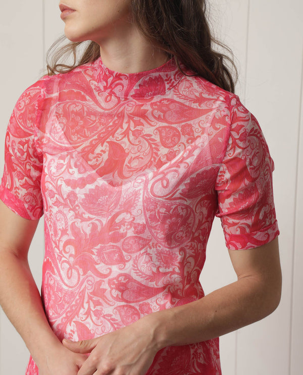 Rareism Women's Beryl Pink Polyester Fabric High Neck Zipper Closure Half Sleeve Paisley Print  Knee Length Dress
