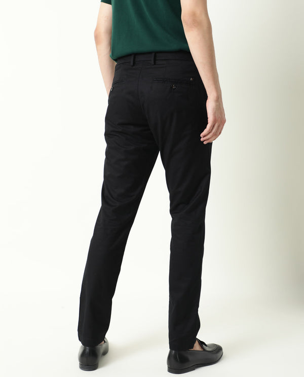 Rare Rabbit Men's Raptors Black Solid Mid-Rise Regular Fit Stretch Trouser