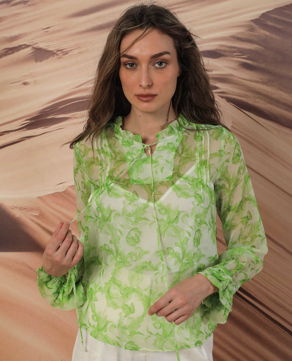 Rareism Women Willow Green Polyester Fabric Full Sleeves Tie-Up Neck Ruffled Sleeves Regular Fit Abstract Print Top