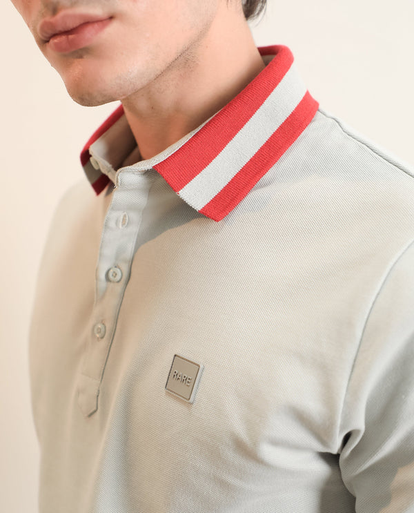 Rare Rabbit Men's Divide Light Grey Cotton Fabric Striped Collar Half Sleeves Polo T-Shirt
