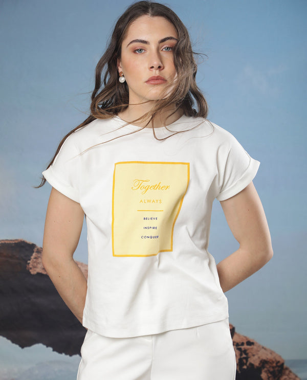 Rareism Women Ira White Cotton Fabric Short Sleeves Crew Neck Regular Fit Graphic Print T-Shirt