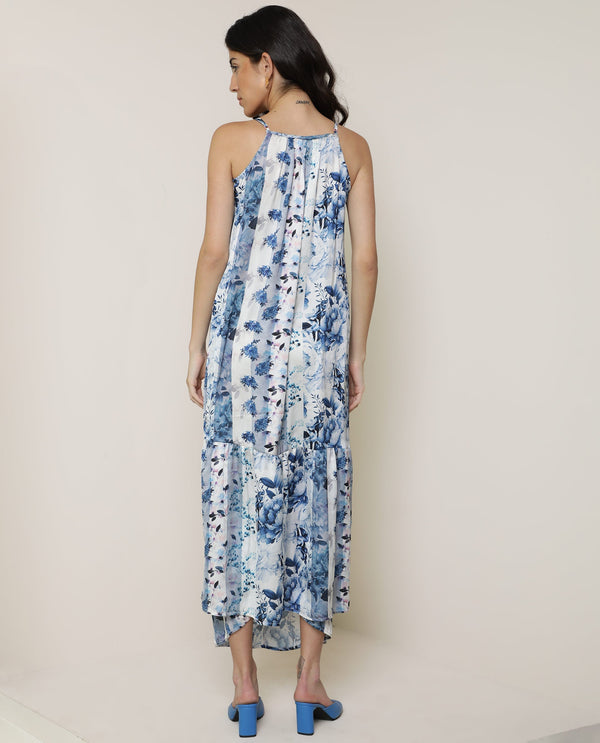 Rareism Women's Macy Light Blue Polyester Fabric Shoulder Straps Slip-On Closure Sleeveless Floral Print  Maxi Dress