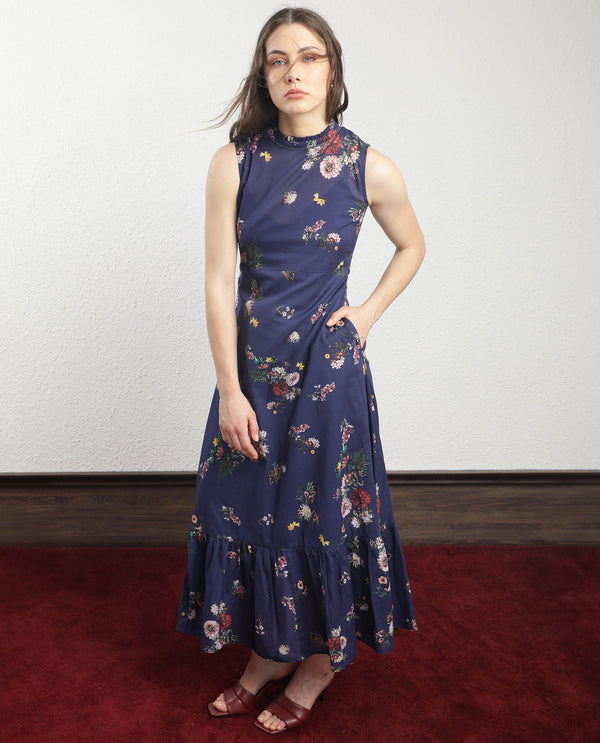 Rareism Women Jemma Navy Cotton Fabric Zip Closure High Neck Sleeveless Regular Fit Floral Print Maxi Dress