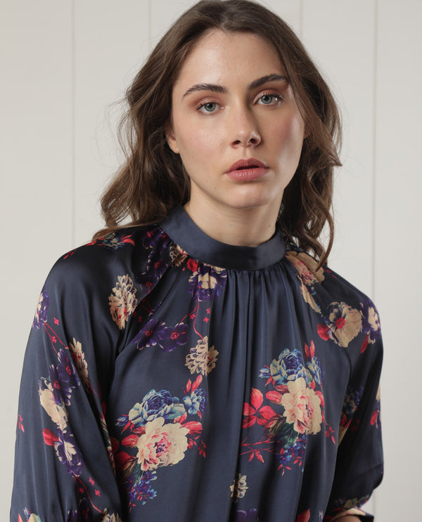 Rareism Women Clem Navy Polyester Fabric 3/4Th Sleeves High Neck Volume Sleeve Relaxed Fit Floral Print Knee Length Boxy Dress