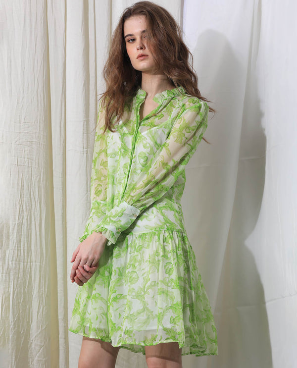 Rareism Women's Quin Green Polyester Fabric Ruffled Neck Button Closure Ruffled Sleeve Floral Print  Knee Length Dress
