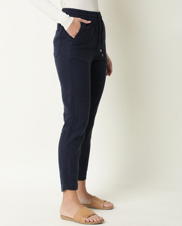 Rareism Women Elo Navy Cotton Fabric Regular Fit Mid Rise Solid Ankle Length Trousers