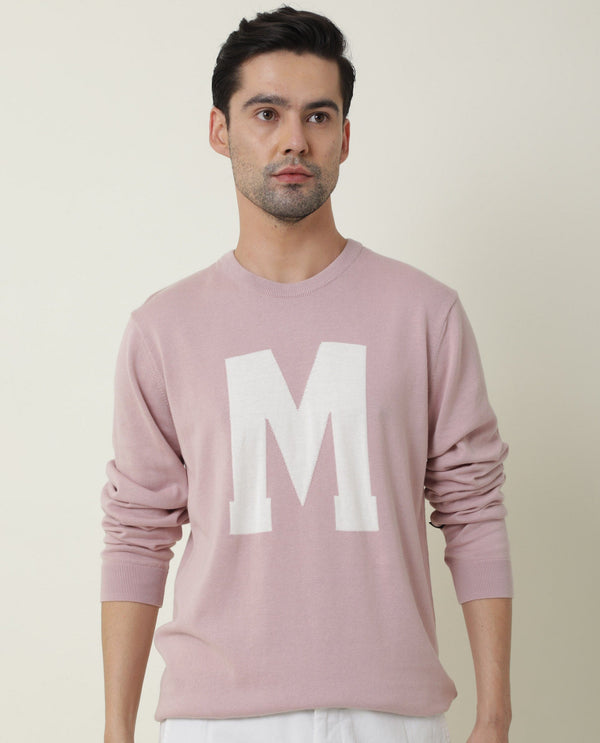 Rare Rabbit Avitt Primary Pink Pullover Cotton Fabric Full Sleeve Round Neck Slim Fit
