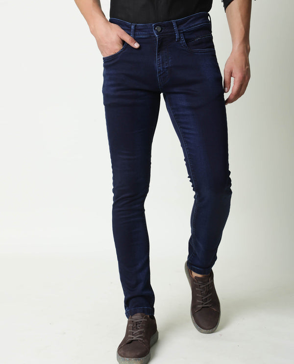 Rare Rabbit Men's Dobe Dark Blue Dark Wash Mid-Rise Slim Fit Jeans