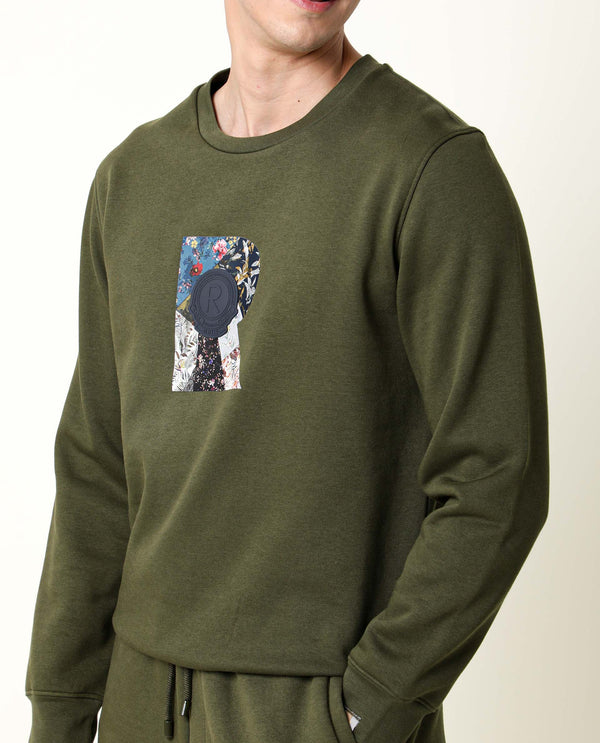 Rare Rabbit Men's Astor Olive Cotton Polyester Fabric Full Sleeves Floral Graphic Print Sweatshirt