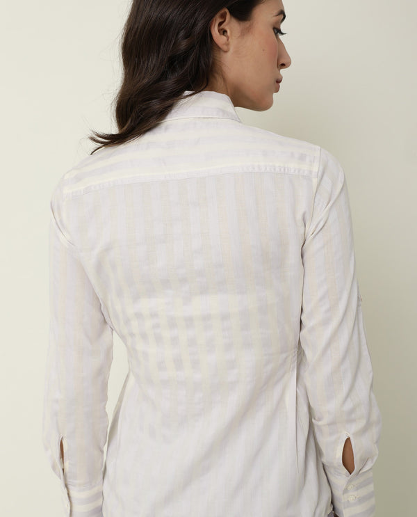 Rareism Women Pickle Yellow Cotton Fabric Regular Fit Shirt Collar Full Sleeves Striped Top