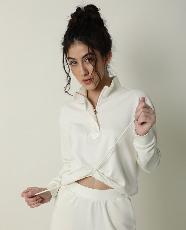 Rareism Women Taffy-1 Off White  Relaxed Fit Full Sleeves Solid High Neck Sweatshirt