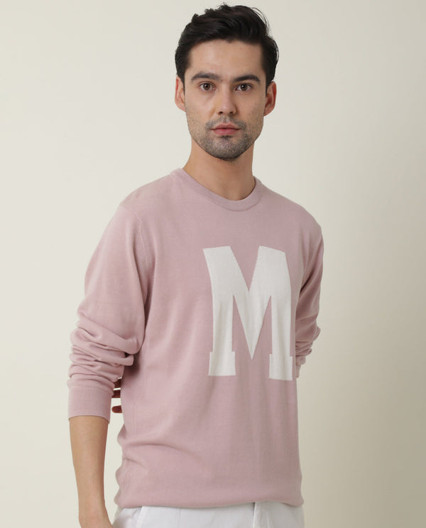 Rare Rabbit Avitt Primary Pink Pullover Cotton Fabric Full Sleeve Round Neck Slim Fit