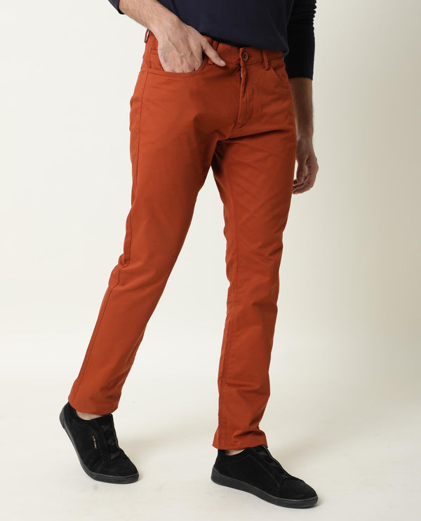 Rare Rabbit Men's Mark Dark Maroon Solid Mid-Rise Regular Fit Stretch Trouser