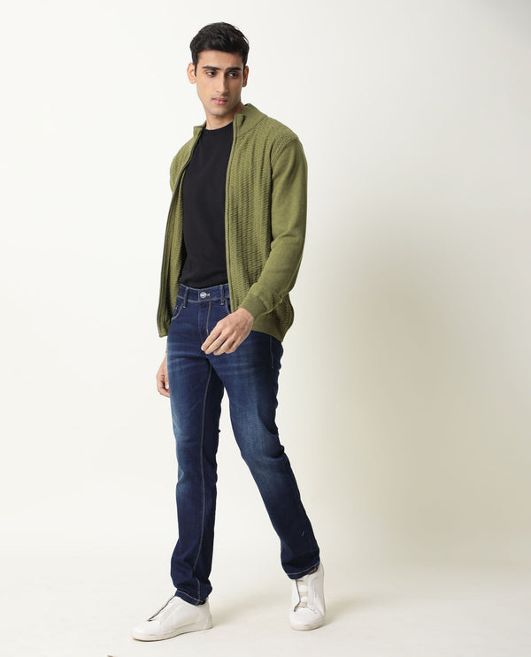 Rare Rabbit Jacky Primary Green Pullover Cotton Fabric Full Sleeve Mock Collar Slim Fit